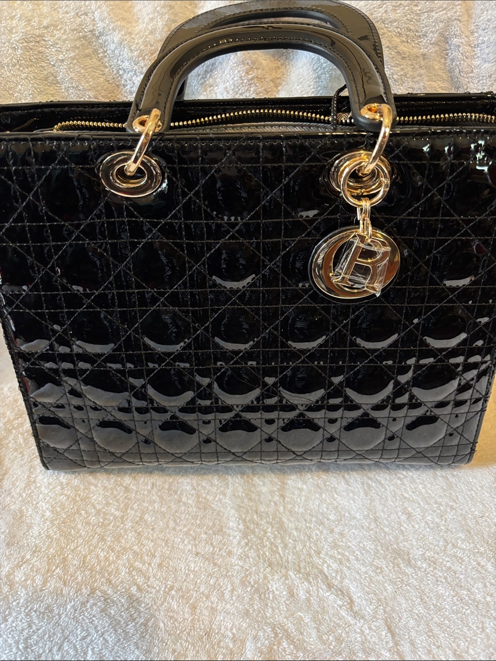 Black Patent Quilted Tote Bag with Gold Hardware